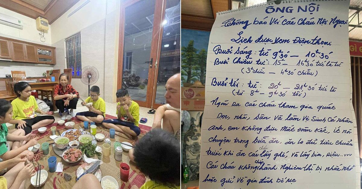 Ông nội Thái Bình 60 tuổi đón 7 cháu ở thành phố về quê, "gây bão" với bảng nội quy xem Tivi điện thoại cho "khối nghỉ hè" cực đỉnh