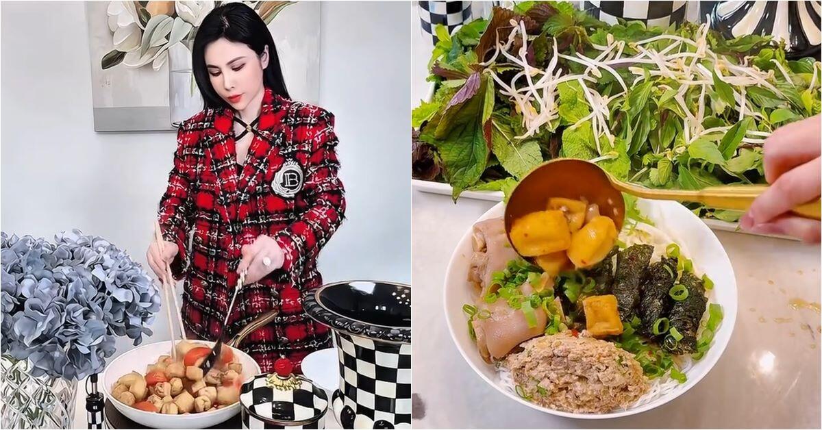 Hoa hậu lồng lộn lên đồ trăm triệu vào bếp nấu nồi bún riêu 1 triệu, bị bình luận "tội gì phải khổ"